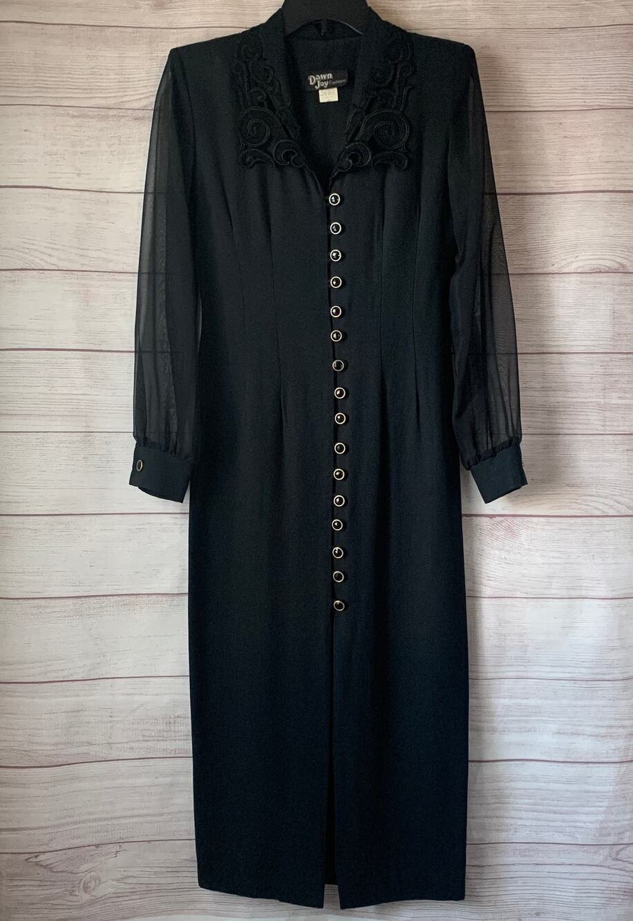 Vintage Dawn Joy Fashions Black Formal Dress Button Up Front Tie Back Size 3/4